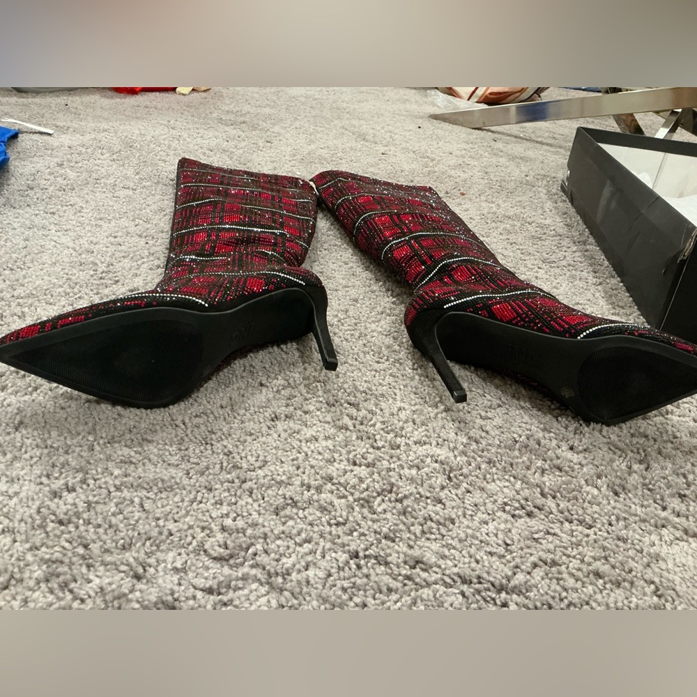 INC International Concepts Red and Black Plaid rhinestone boots OTK Boots - Picture 7 of 9